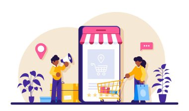 Mobil online alışveriş. Pazarlama ve Dijital Pazarlama. Düz İnsanlar Karakterler Dükkanı. Modern düz resimleme.