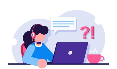 Müşteri hizmetleri. Çağrı merkezinin kadın operatörü, kulaklıklı ve dizüstü bilgisayarlı mikrofon. Modern düz resimleme.