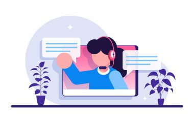 İnternetteki görüntülü konuşma. İnternet sohbeti, arama teknolojisi. Konuşan kadın ve mesajları olan video oynatıcı penceresi. Modern düz ilüstrasyon.