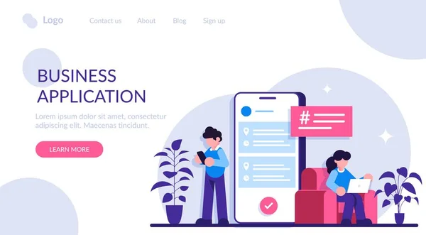 業務アプリケーション。ビジネスプロセスを管理するためのモバイルアプリ。男と女は携帯電話を使う。現代の平面図. — ストックベクタ