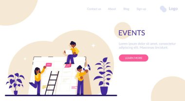 Etkinlik web sitesi kavramı. Şirket etkinlikleri. Olay takvimi. Bilgilendirme, web sitesi menü barı, UI elemanı, iş toplantısı, ticari sergi. Modern düz resimleme.
