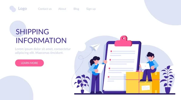 Alışveriş bilgileri web sitesi UIT. Çevrimiçi perakendeci web sitesi menüsü. Uluslararası teslimat detayları, müşteri bilgileri, kullanıcı deneyimi, nakliye masrafları. Modern düz resimleme. — Stok Vektör