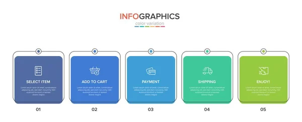 Konzept des Einkaufsprozesses mit 5 aufeinander folgenden Schritten. Fünf farbenfrohe grafische Elemente. Timeline-Design für Broschüre, Präsentation, Website. Gestaltung der Infografik. — Stockvektor