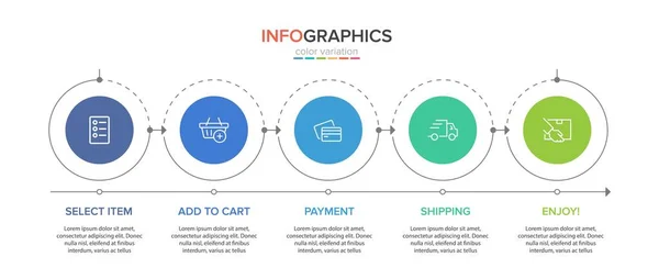 Konzept des Einkaufsprozesses mit 5 aufeinander folgenden Schritten. Fünf farbenfrohe grafische Elemente. Timeline-Design für Broschüre, Präsentation, Website. Gestaltung der Infografik. — Stockvektor