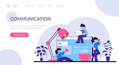 İnternet üzerinden iletişim, sosyal ağ, sohbet, video, haber, mesaj. İşbirliği ve iletişim, kurumsal ve işbirlikçi iş konsepti. Modern düz resimleme.