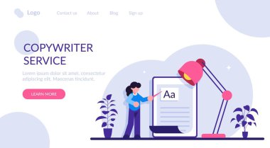 Metin yazarlığı işi, ev tabanlı metin yazarlığı, serbest metin yazarlığı konsepti. Yaratıcı reklam metinleri yazan metin yazarı. Modern düz resimleme.