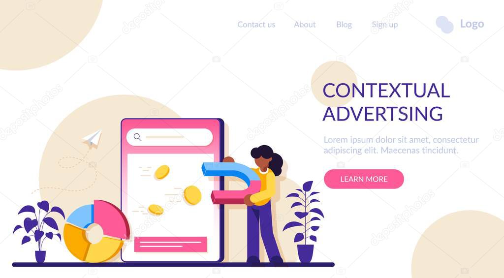 Contextual advertsing online service or platform. Woman with a magnet attracts coins. Marketing campaign and social network advertising. Modern flat illustration.