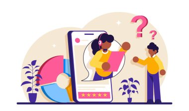 Özel servis sitesi UI. Tüketici alım yapıyor. Web sitesi canlı sohbet. Kullanıcı deneyimi, perakende satış, online alışveriş, ürün ve hizmet. Modern düz resimleme.