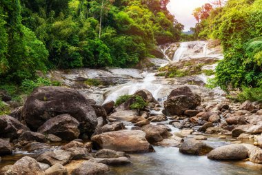 Güneş ışığı ve güzel manzara ile su düşer. Karanlık filtre tarzı.