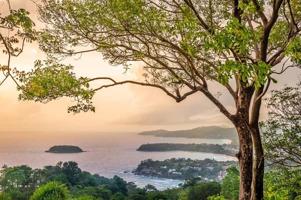 Seascape landscape nature with tree and sunset in twilight, Phuket view point with color of the sunset