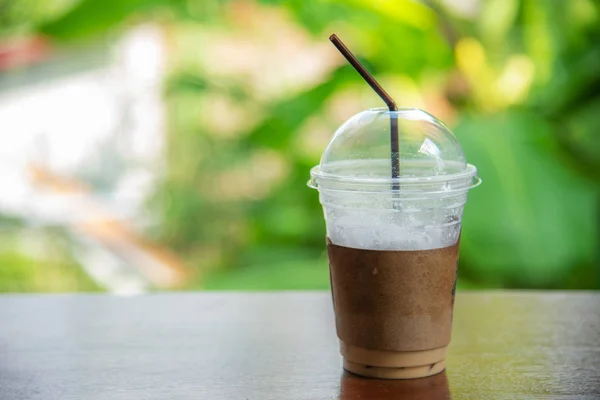 Cappuccino Ice Coffee Glass Blurred Bokeh Nature Background — Stok Foto