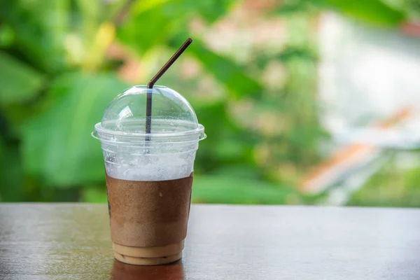 Cappuccino Ice Coffee Glass Blurred Bokeh Nature Background — Stok Foto