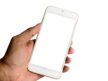 Akıllı telefon beyaz ekran beyaz izole ile el