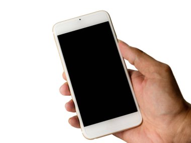 Beyaz izole akıllı telefon siyah ekran ile El