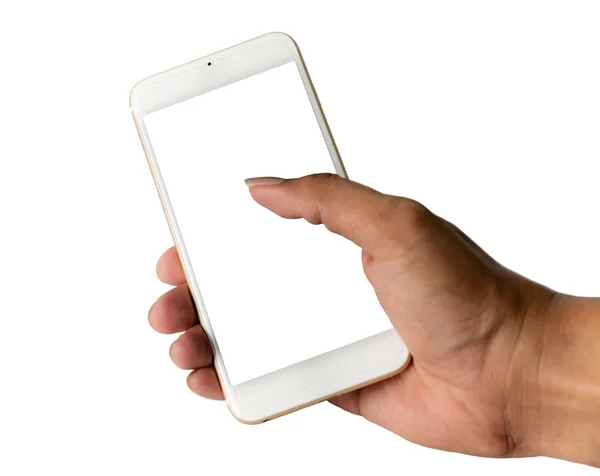Рука зі смартфоном ізольовано на білому тлі з відсіканням — стокове фото