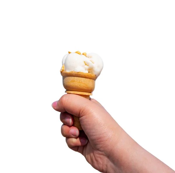 Hand with ice cream isolated on white background