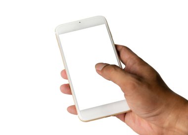 Akıllı telefona sahip el beyaz arkaplanda kırpma ile izole