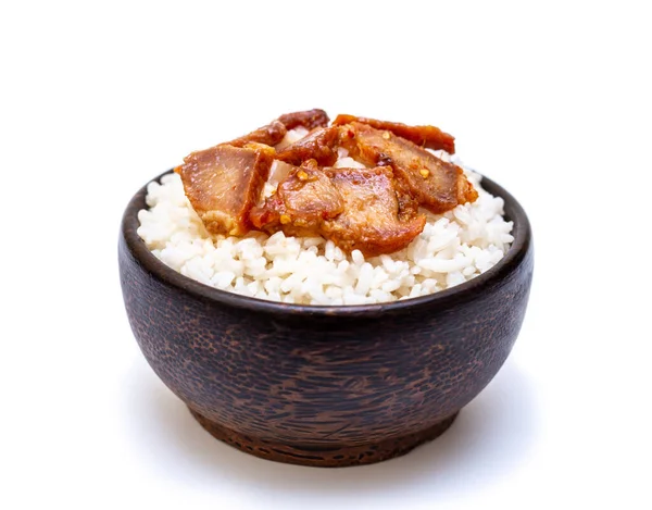 Arroz Blanco Con Cerdo Parrilla Tazón Negro Sobre Fondo Blanco —  Fotos de Stock