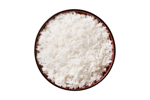 Biały Ryż Czarnej Misce Odizolowany Białym Tle Ryż Azji Ryż — Zdjęcie stockowe