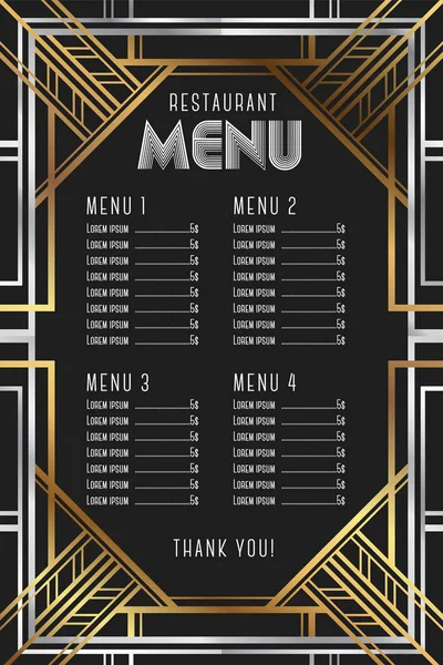 Restaurant Menu Template Luxury Vintage Artdeco Frame Design Vector Illustration — Stock Vector