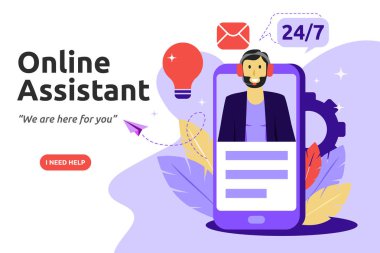 Müşteri ve operatör, online teknik destek kavramı. Erkek hattı operatörü istemci önerir. Vektör çizim