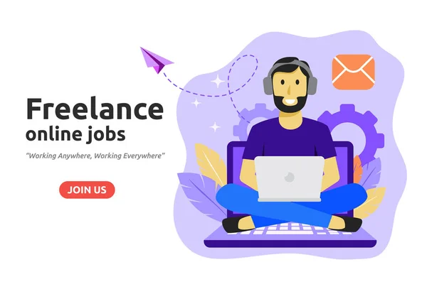 Concepto Diseño Trabajo Online Independiente Freelancer Desarrolla Aplicación Negocio Línea — Vector de stock