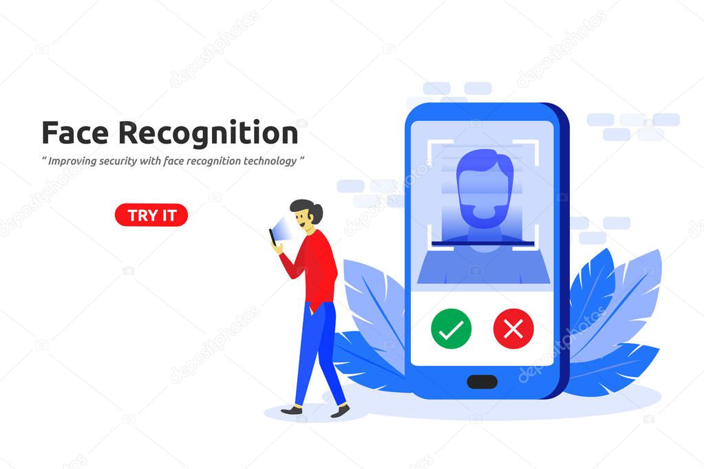 Face recognition technology concept modern flat design. face detection screen lock mobile app. Vector illustration