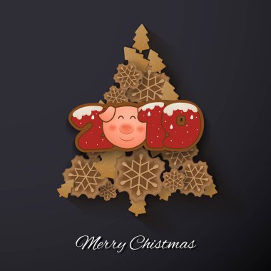 Mutlu yeni yıl ve neşeli Noel tebrik kartı arka plan tasarımı kurabiye ve bisküvi ile