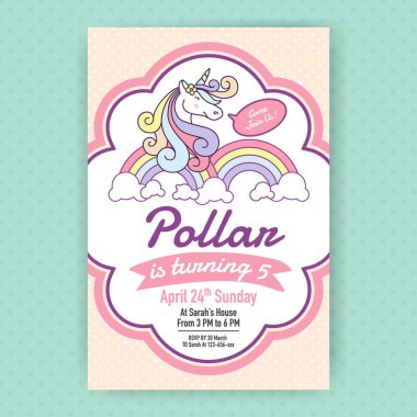 Şirin tek boynuzlu at Doğum günü partisi davetiyesi illüstrasyon tasarım.