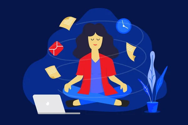 Mujer Meditación Trabajo Concepto Diseño Negocio Ilustración Vectorial — Vector de stock