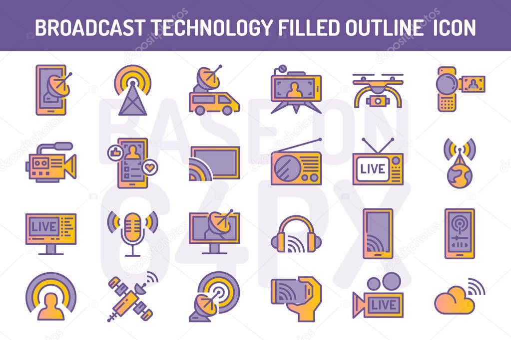 Broadcast technology filled outline icons set. Pixel perfect icon base on 64PX