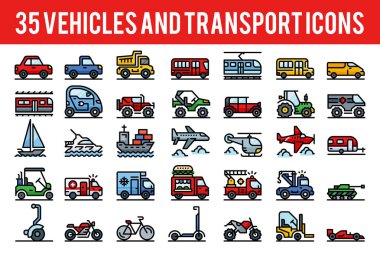 35 Vehicle and transport outline color icons sign and symbols. P clipart