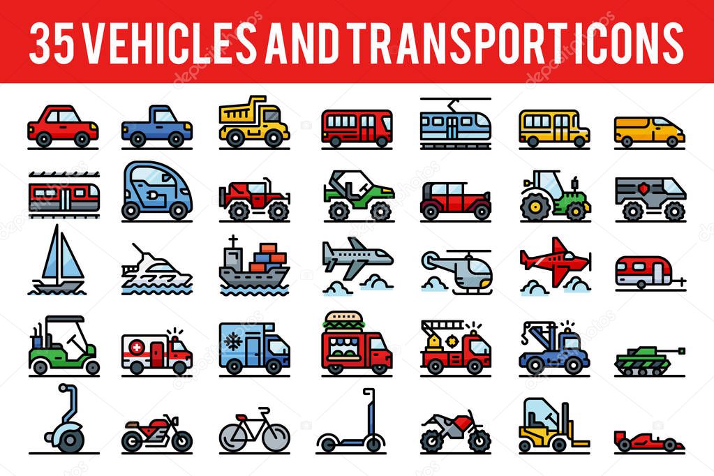 35 Vehicle and transport outline color icons sign and symbols. P