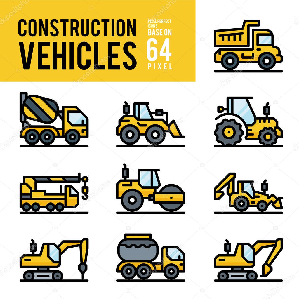 Construction Vehicle and Transport Outline Color Icons. Pixel Pe