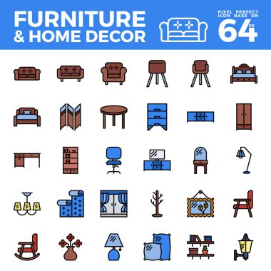 Mobilya ve ev dekorasyonu anahat colir simgesi