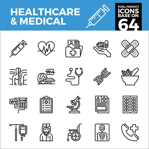Cuidado de la salud y píxeles médicos base de iconos perfectos en 64PX . — Archivo Imágenes Vectoriales