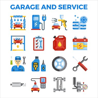 Otomotiv garaj ve servis düz simge koleksiyonu.