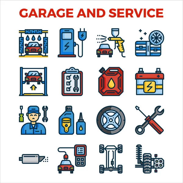 Automotive garage en Serviceoverzicht kleur icon collectie. — Stockvector