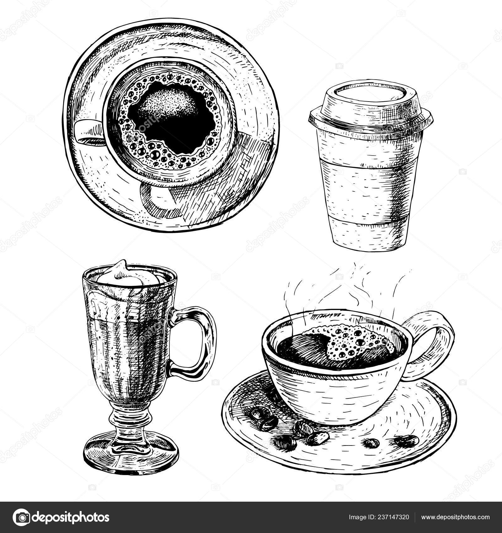 Hand drawn set of coffee cup, glass cup with latte or cappuccino, paper