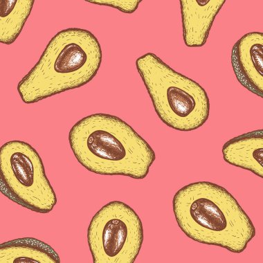 Avokado ile pembe seamless modeli. El meyve ile grafik tasarım çekilmiş. Renkli arka plan. Vintage vektör çizim.