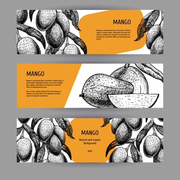 Banners with mango. Black-white design with fruit. Vector illustration — Stock Vector