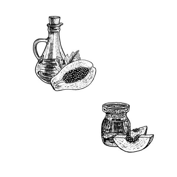 Conjunto de ícones de óleo de mamão. Esboço desenhado à mão. Extrato de planta. Ilustração vetorial — Vetor de Stock