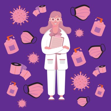 Kız bir doktor. Koruyucu ekipman simgeleri.