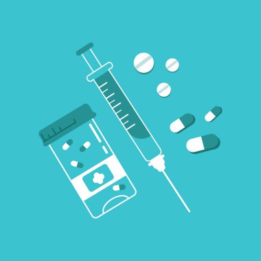 Tıbbi özellikler: haplar, konteynır, şırınga. Sağlık desteği. Evde kal..