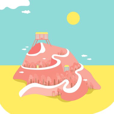 Yaz illüstrasyonu. Yüksek dağ. Parlak ve komik bir resim. Yazdırmak için harika.