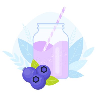 Cam kavanozda yaban mersini mor smoothie. Sağlıklı diyet gıda. Detoks kahvaltı. 