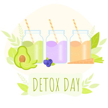 Sebze smoothie ile detoks günü. Sağlıklı diyet suları ile Kavanozlar. 