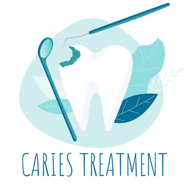 Tratamiento de caries. Chequeo dental. Diente sano. Higiene dental oral. Cuidado dental Vector dental Concepto . — Archivo Imágenes Vectoriales