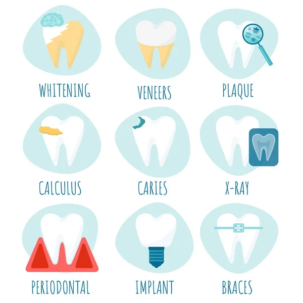 Diversos problemas con los dientes. Caries, sarro, placa, enfermedad periodontal. Implantes dentales y carillas . — Archivo Imágenes Vectoriales