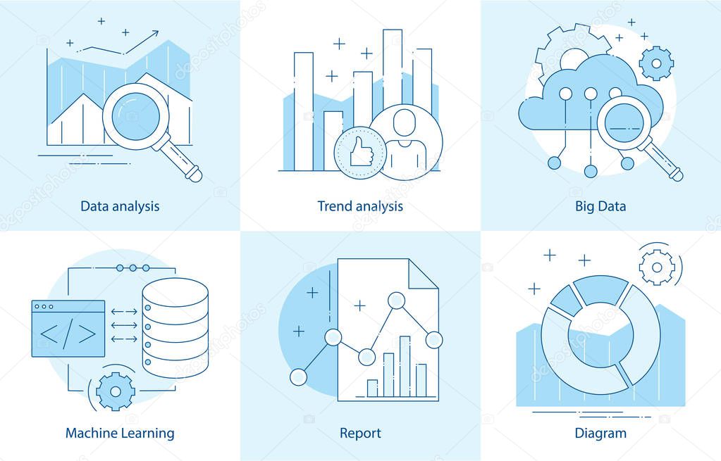 Modern thin line design for analysis, machine learning website icons. Vector illustration concept for business analysis, market research, product testing, data analysis. Report with diagram, chart.